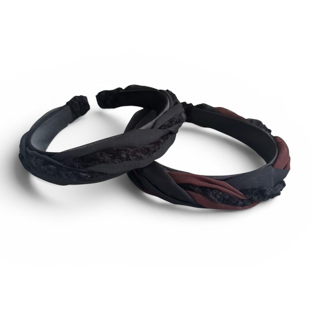 Brown Black Chiffon‎ Textured Velvet Braided Headband Hair Accessories Set of 2